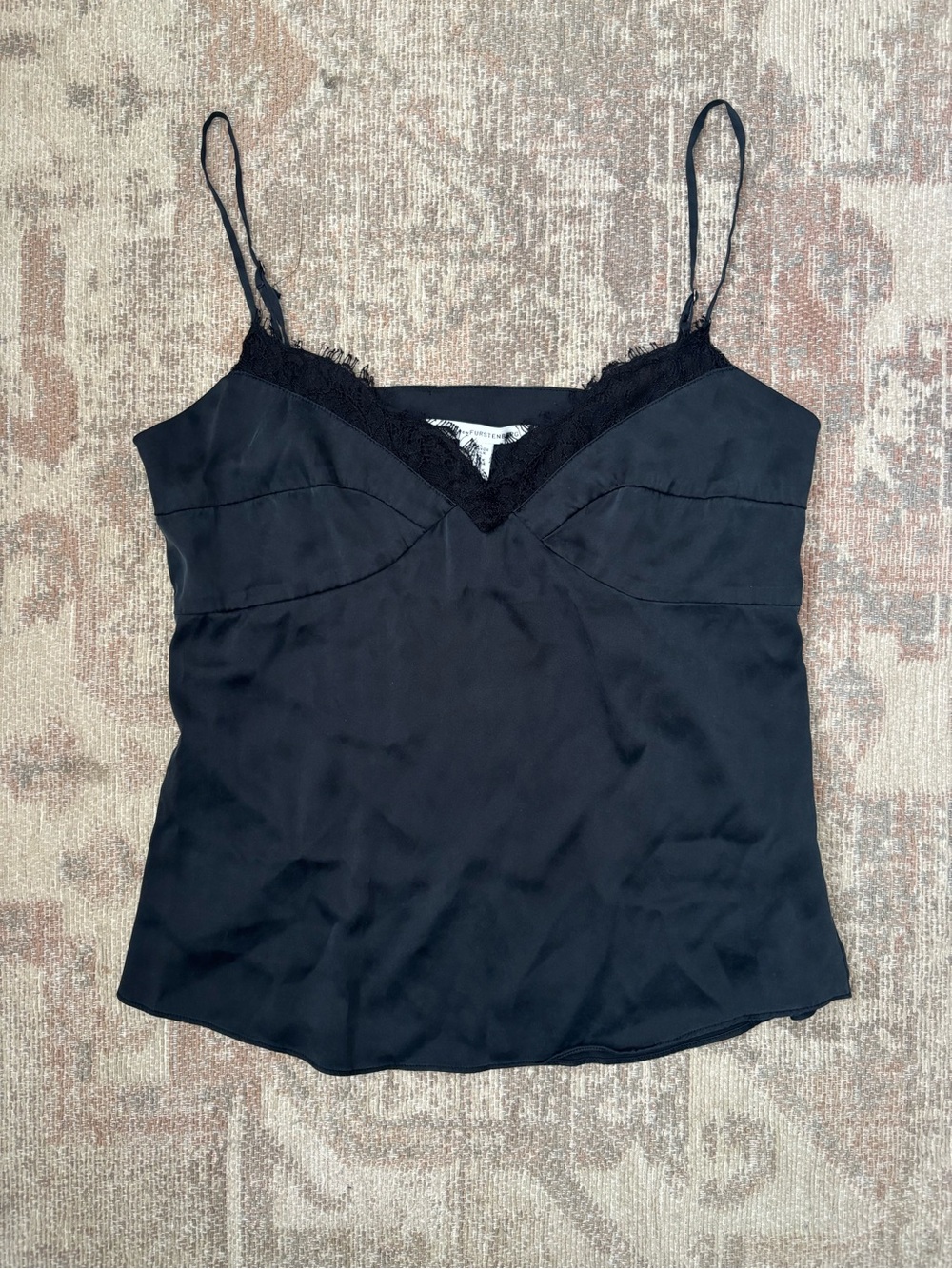 Diane Von Furstenberg Black Lace-Trim Silk Blend Camisole